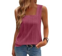 DIYIOUZHOU Tanktops Frauen Sport Top With Built In Bra Women's Casual Fashion Square Neck Pleated Knit Sleeveless Vest Tshirt Damen Damenwesten Ärmellos Wassermelonenrot M