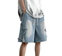Djeanxa Jorts für Teenager, Jungen, Y2K, bestickte Stern-Jeans, Shorts, Kordelzug, zum Überziehen, Denim-Shorts, elastische Taille, Baggy-Jorts, Blau, Groß