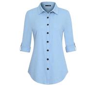 DJT Damen Bluse Weiches Gestricktes Stretch Langarm Roll Up Ärmel Hemdbluse Lässig Button Down Arbeit Shirts Oberteil Top Himmelblau 2XL