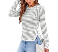 DJT Damen Langarm T-Shirt Rundhal Slim Fit Oberteile Farbkontrast Rippshirt mit Seitenschlitz Pullover Basic Tee Tops Weiß Streifen L