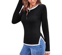 DJT Damen Langarm T-Shirt Rundhal Slim Fit Oberteile Farbkontrast Rippshirt mit Seitenschlitz Pullover Basic Tee Tops Schwarz XL