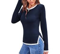 DJT Damen Langarm T-Shirt Rundhal Slim Fit Oberteile Farbkontrast Rippshirt mit Seitenschlitz Pullover Basic Tee Tops Marineblau XXL