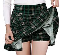 DJT Damen Mädchen Basic Solid Dehnbaren Informell Mini Skater Rock mit Shorts Grün Plaid X-Small