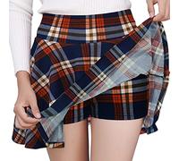 DJT Damen Mädchen Basic Solid Dehnbaren Informell Mini Skater Rock mit Shorts Marineblau Plaid Large