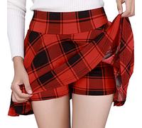 DJT Damen Mädchen Basic Solid Dehnbaren Informell Mini Skater Rock mit Shorts Rot Plaid X-Large