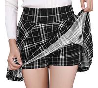 DJT Damen Mädchen Basic Solid Dehnbaren Informell Mini Skater Rock mit Shorts Schwarz Plaid Large