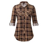 DJT Damen Weiches Gestrick Karierte Bluse Langarm Oberteile Roll Up Ärmel Hemdbluse Shirts Button Down Blusen Top Kaffee-Braun M
