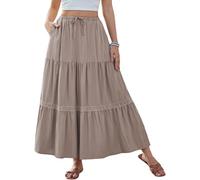 DJT Rock Damen Spitzenbesatz Boho Maxirock Elastisch Taille Casual A-Line Elegant Lang Röcke mit Taschen Kaffeegrau X-Large