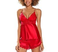 DKaren Damen Nachtwäsche Set M Harmonia - Pyjama für Frauen, Satin Schlafanzug Damen Kurz Set for Women - Rot