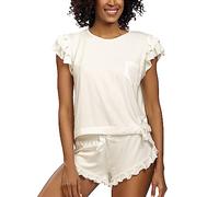 DKaren Damen Schlafanzug Set Lulu M - Zweiteiler Damen Pyjama - Loungewear mit Kurzen Ärmeln und Shorts - Nachtwäsche Damen mit Tasche und Rüschen - Pjama Set Kurz Ecru