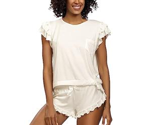 DKaren Damen Schlafanzug Set Lulu XL - Zweiteiler Damen Pyjama - Loungewear mit Kurzen Ärmeln und Shorts - Nachtwäsche Damen mit Tasche und Rüschen - Pjama Set Kurz Ecru