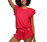 DKaren Damen Schlafanzug Set Lulu XXL - Zweiteiler Damen Pyjama - Loungewear mit Kurzen Ärmeln und Shorts - Nachtwäsche Damen mit Tasche und Rüschen - Pjama Set Kurz Rot