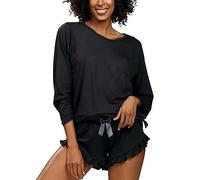 DKaren Damen Schlafanzug Set Ronnie L - Zweiteiler Damen Pyjama - Loungewear mit Langen Ärmeln und Kurzen Hosen - Nachtwäsche Damen mit Tasche und Rüschen - Pjama Set Schwarz
