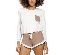 DKaren Damen Schlafanzug Set Ronnie M - Zweiteiler Damen Pyjama - Loungewear mit Langen Ärmeln und Kurzen Hosen - Nachtwäsche Damen mit Tasche und Rüschen - Pjama Set Cappuccino