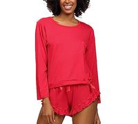 DKaren Damen Schlafanzug Set Ronnie XL - Zweiteiler Damen Pyjama - Loungewear mit Langen Ärmeln und Kurzen Hosen - Nachtwäsche Damen mit Tasche und Rüschen - Pjama Set Rot