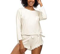 DKaren Damen Schlafanzug Set Ronnie XL - Zweiteiler Damen Pyjama - Loungewear mit Langen Ärmeln und Kurzen Hosen - Nachtwäsche Damen mit Tasche und Rüschen - Pjama Set Ecru