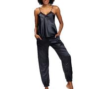 DKaren Satin Pyjama Damen Set Day S - Zweiteiler Nachtwäsche Damen - Damen Pyjama mit Trägerbluse und Langer Hose - Pjama Set mit Spitze am Ausschnitt - Satin Schlafanzug Schwarz