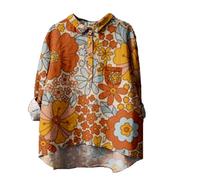 DKLOVIFU Bluse Damen Sommer Knopfleiste Shirt Leinenbluse Damen Sommer Vintage Blumen Print Langarmshirt Revers V-Ausschnitt Leinenhemd Blusen Tuniken für Damen Bunt Damenblusen Sommer