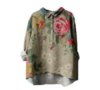 DKLOVIFU Bluse Damen Sommer Knopfleiste Shirt Leinenbluse Damen Sommer Vintage Blumen Print Langarmshirt Revers V-Ausschnitt Leinenhemd Hemd Damen Oversized Blusen & Tuniken für Damen