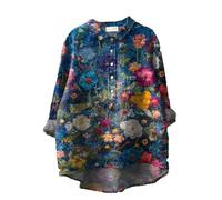 DKLOVIFU Bluse Damen Sommer Knopfleiste Shirt Leinenbluse Damen Sommer Vintage Blumen Print Langarmshirt Revers V-Ausschnitt Leinenhemd Blusen Tuniken für Damen Bunt Damenblusen Sommer