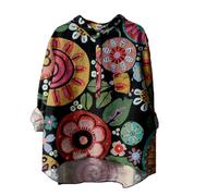 DKLOVIFU Bluse Damen Sommer Knopfleiste Shirt Leinenbluse Damen Sommer Vintage Blumen Print Langarmshirt Revers V-Ausschnitt Leinenhemd Blusen Tuniken für Damen Bunt Damenblusen Sommer