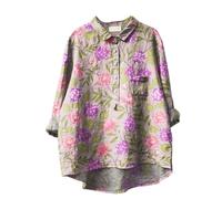 DKLOVIFU Bluse Damen Sommer Knopfleiste Shirt Leinenbluse Damen Sommer Vintage Blumen Print Langarmshirt Revers V-Ausschnitt Leinenhemd Blusen Tuniken für Damen Bunt Damenblusen Sommer