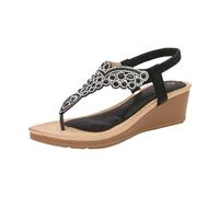 DKLOVIFU Damen Sandalen Damensandalen Bequeme Und Modische Retro Ethno Stil Leichte Strandurlaub Elastischer Absatz Dicker Keilabsatz Freizeitsandalen Stiefeletten Schwarz Mit Absatz