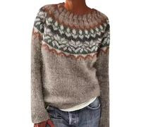 DKLOVIFU Norweger Pullover Damen Women's Knitted Isle Print Retro Sweater Casual Loose Crewneck Long Sleeve Lightweight Cropped Pullover Tops Segelpullover Damen Italienische Mode Damen Langer