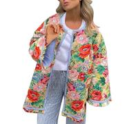 DKLOVIFU Puffer Jacke Damen Steppjacke Damen Pufferjacke mit Blumendruck Winter Vintage Offene Jacke Vorne Leichte Steppjacke mit Langen Ärmeln Cardigan Outwear Pufferjacke im Boho Stil