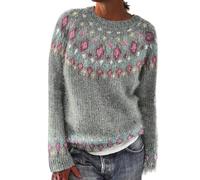 DKLOVIFU Pulli Damen Women's Knitted Isle Print Retro Sweater Casual Loose Crewneck Long Sleeve Lightweight Cropped Pullover Tops Lange Weste Damen Strick Stehkragen Pullover Damen Damen Oversize