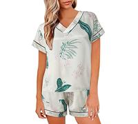 DKLOVIFU Pyjama Damen Kurz Baumwolle Musselin Set Damen Schlafanzug Kurz Damen Sleepshirt Damen Kurzarm Schlafoberteil Damen Langarm Family Pyjama Set Angebote des Tages Heute