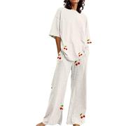 DKLOVIFU Pyjama Set Damen Baumwolle Frauen Geeignet O Lose Kurzarm Floral Print Top Shirt Mit Hosen Große Größe 2 Set Anzug Damen Tragbare Decke Bademantel Damen Flauschig mit Kapuze Pyjama Set für