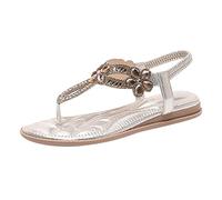 DKLOVIFU Sommerschuhe Damen Sandalen Für Damen Komfort Mit Elastischem Knöchelriemen Lässige Böhmische Strandschuhe Mode Kristall Blumen Freizeitschuhe Offene Zehe Low Heels