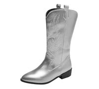 DKLOVIFU Springerstiefel Damen Außenhandel Plus Size Dicke Hochhackige Stiefel Winter Lederstiefel Europäischer Amerikanischer Stil Stickereien Weiße Billig