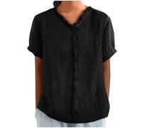 DKLVOIFU Kurzarmbluse Damen Baumwolle Leinen Kurzarm Rüschen Shirts 2026 Lose Casual V Ausschnitt Bluse Strand Tunika Tops Langes Oberteil Leinen Shirt Kurze Bluse
