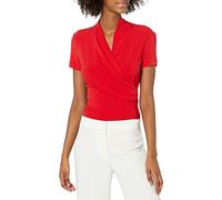 DKNY Damen Kurzärmelige Anzugbluse mit Gekreuzter Vorderseite Hemd, Mohnblume/Ausflug, einfarbig (Poppy/Getaway Solids), X-Groß