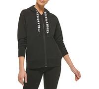 DKNY Damen Logo, Kordelzug, Reißverschluss, Activewear Sweatshirt Kapuzenpullover, Schwarz, L