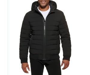 DKNY Herren Quilted Performance Hooded Bomber Jacket Daunenalternativer Mantel, Schwarz, S