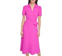 DKNY Kurzärmeliges Damen-Midikleid mit Schnürung und ausgestelltem Kleid, Power Pink, 38