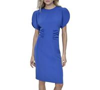DKNY Kurzärmeliges Damenkleid mit Schmucksteinausschnitt, knielang, gerüschtes Mieder, Scuba-Kreppkleid, Klassisches Blau, 40