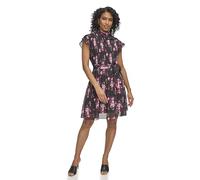 DKNY Women's Flutter Sleeve Mock Neck Dress, Black/Maroon, 10