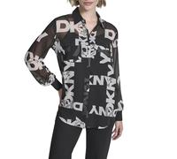 DKNY Women's Long Sleeve Button DOWN Chiffon Logo Shirt, Black and Ivory, XXS