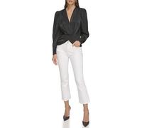 DKNY Women's Long Sleeve V-Neck Satin Wrap Shirt, Black, Small