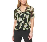 DKNY Women's Printed Blouse with Ruched Front and Short Sleeves in Crinkle Chiffon, Black / Lazer / Ivory, M