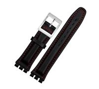 DKWOIS Echtes Lederarmband, kompatibel mit Swatch-Armband, schlichtes Uhrenarmband, 17 mm, 19 mm, Handgelenkband, rote Uhrenarmbänder, Damen- und Herren-Uhrengürtel, Zubehör(Black red silver,19mm)