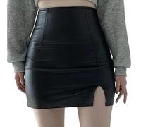 DMLAYHP Lederrock Schwarzer Leder-Minirock for Damen, hohe Taille, seitlich Geteilte Hüftröcke(Black,S)