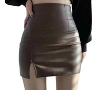 DMLAYHP Lederrock Schwarzer Leder-Minirock for Damen, hohe Taille, seitlich Geteilte Hüftröcke(Coffee,M)