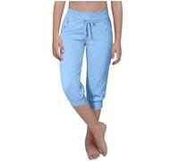 Dmmtot Caprihose für Mädchen und Kinder, hohe Taille, Kordelzug, Stretch, leicht, lässig, Wanderhose, Capri mit Taschen, einfarbig, kurze Hose, Alter 5-15 Jahre, Blau, 11-12 Jahre