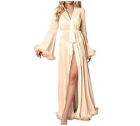 Dmmtot Damen-Pyjama, Brautmantel, lange gerüschte Ärmel, fließend, lang, elegant, hoher Schlitz, V-Ausschnitt, Chiffon-Kleider, Hochzeitsgästekleid, Utility, Premium-Bademantel, Party, Freizeit,