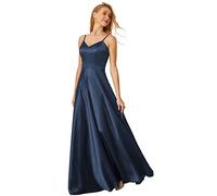 DMYG Satin Brautjungfernkleider für Damen Elegante Lange A-Linie Maxikleider V-Ausschnitt Rückenfrei Abendkleider Navy Blau 38